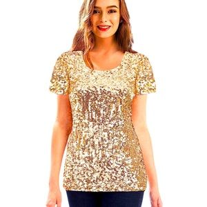 MANER Women’s Full Sequin Tops Glitter Party Shirt Short Sleeve Sparkle Blouse